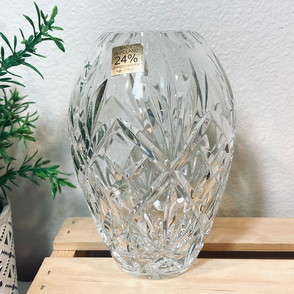 Polish 24% Lead Crystal Hand Cut Vase | Heavy! | Prismatic | Dimpled Opening